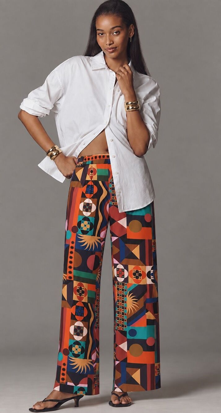 NWOT FARM RIO  RARE Multicolor Tropical Shapes Pants, boho luxury $198 Med G10
